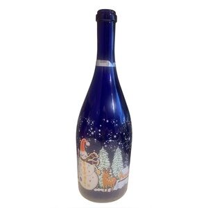 Villa Jolanda Moscato Cobalt Blue Wine Bottle w Winter Holiday Scene 11.5” Tall